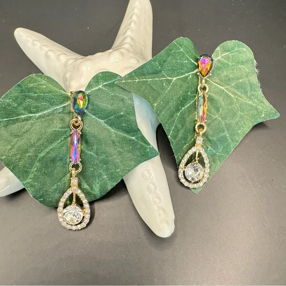 Iridescent Crystal Teardrop Dangle Earrings | Gold Rainbow Rhinestone Tear Drop